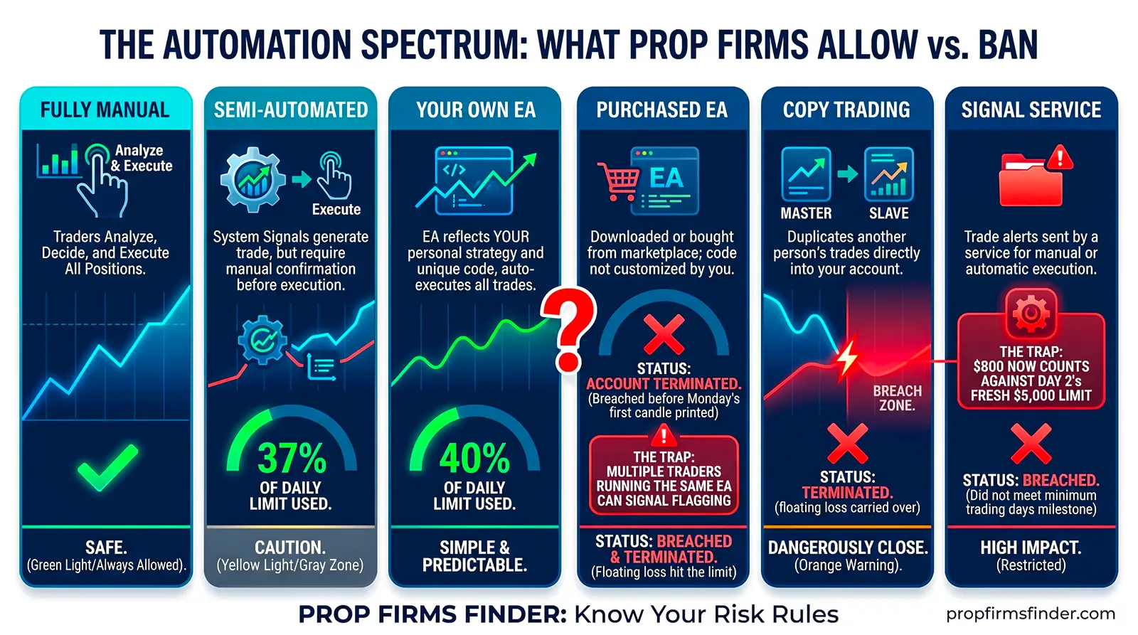 what prop firms allow vs ban - visual displaying automation spectrum in prop trading