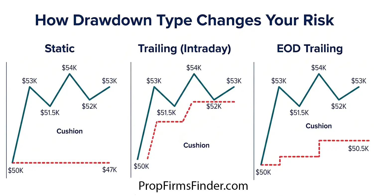 visual comparison on how each of the drawdowns work: static, eod trailing, and intraday trailing