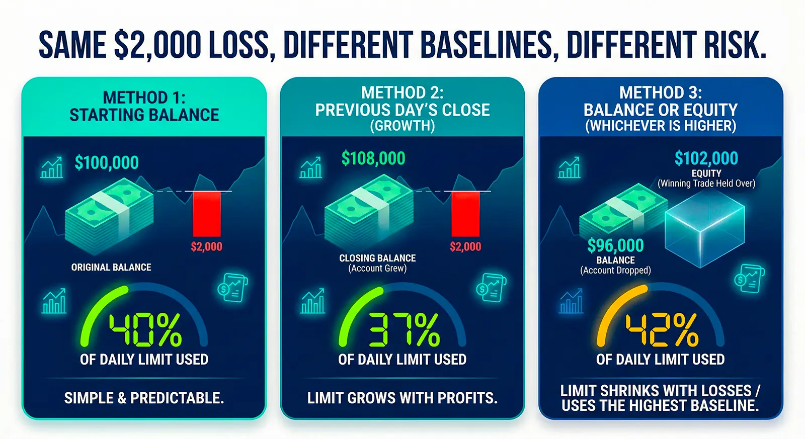 daily drawdown comparison between starting balance based, previous day's close based, and balance of equity