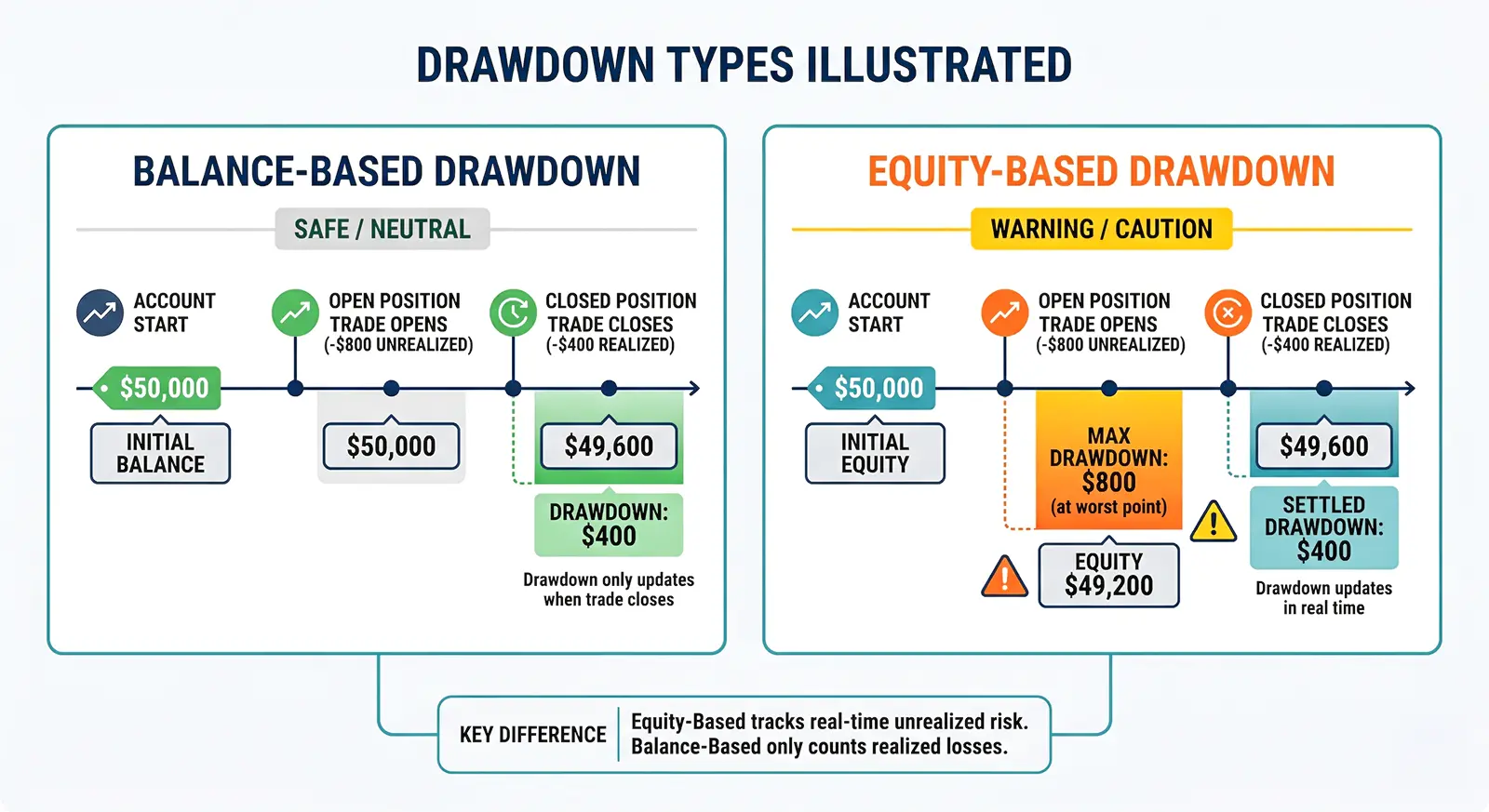 drawdown types explained - balance based vs equity based drawdowns