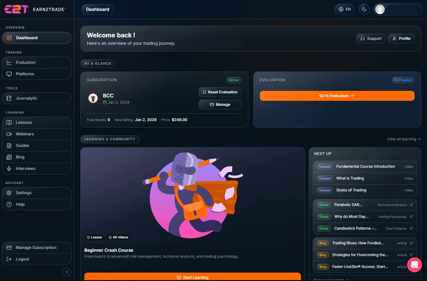 earn2trade user dashboard view after logging in