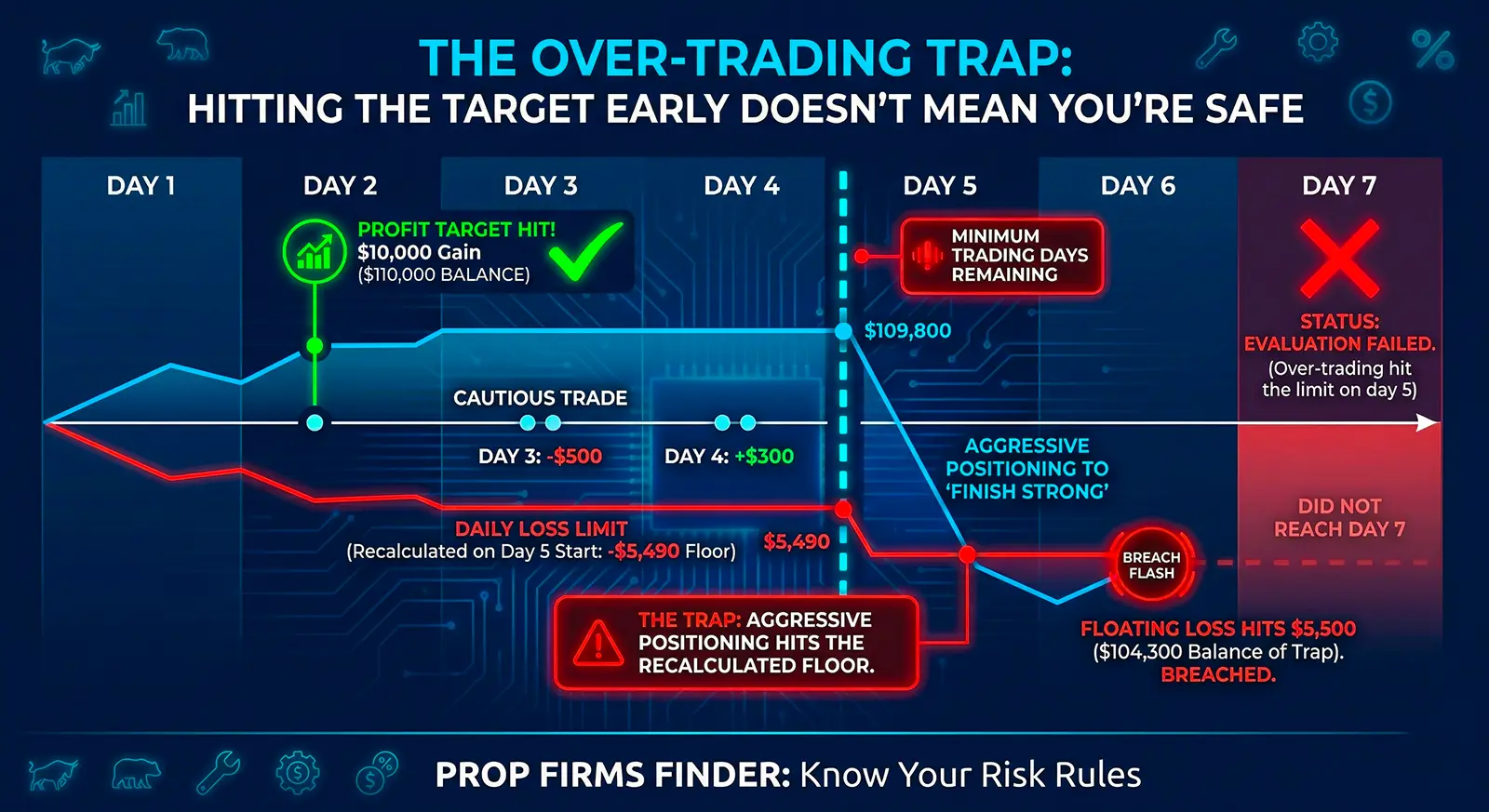 how a trader can still blow an account after hitting the target but not minimum trading days