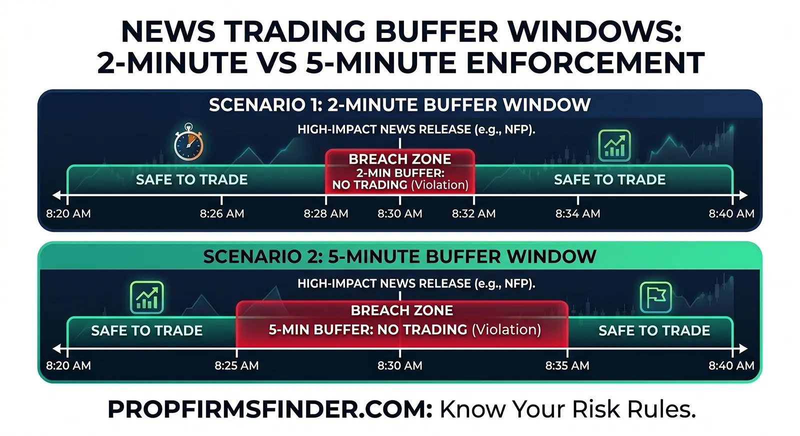 prop firms trading news rules explanation: buffer windows