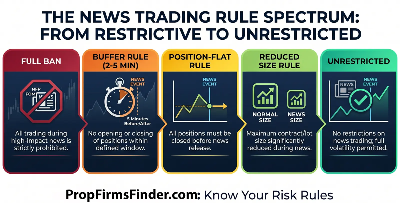 prop firm news trading rules from most restrictive to least restrictive - graph