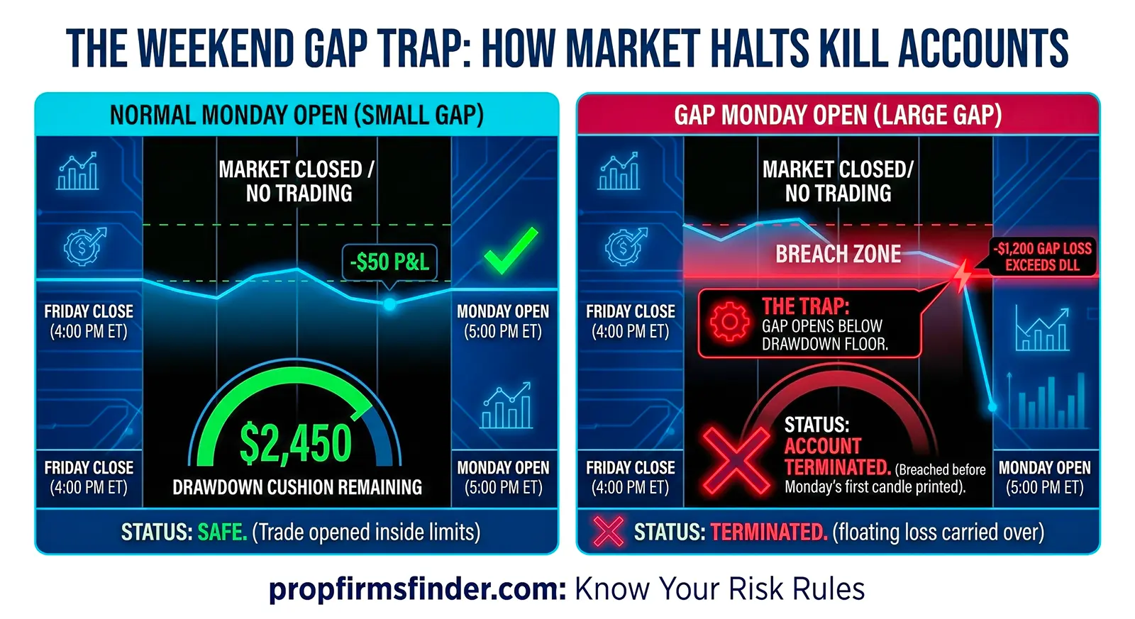 prop firm weekend holding scenarios demonstration