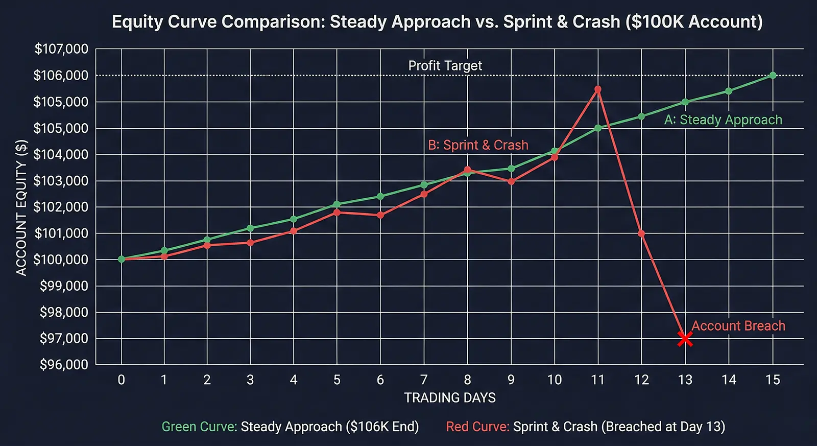 one big day chart comparison of steady trading vs spring and crash