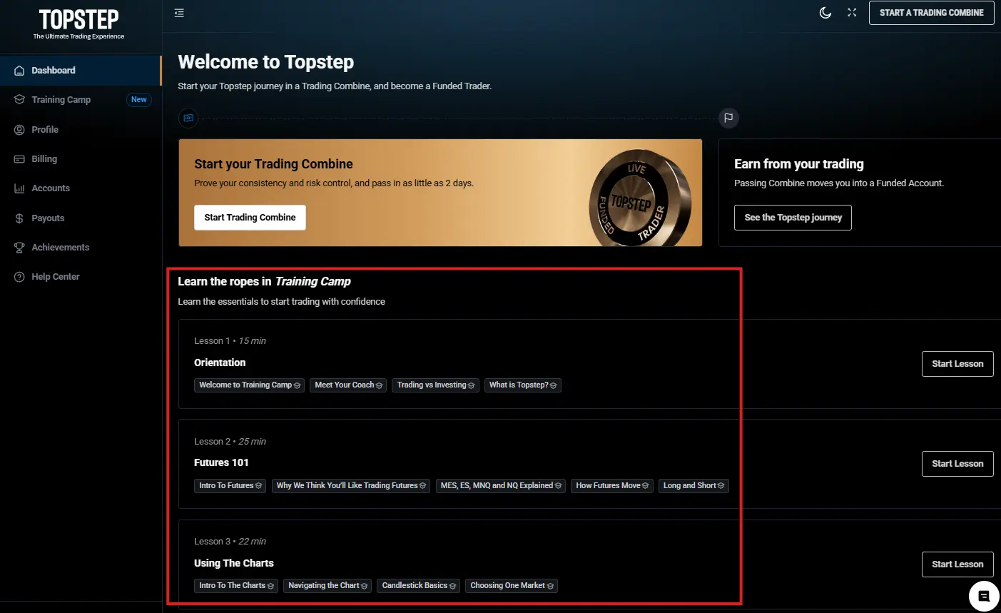 topstep prop firm dashboard view when logged in with lessons presented