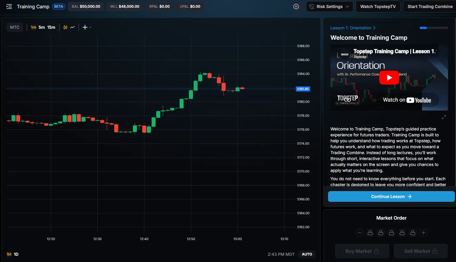 topstep training camp view inside of the trader dashboard