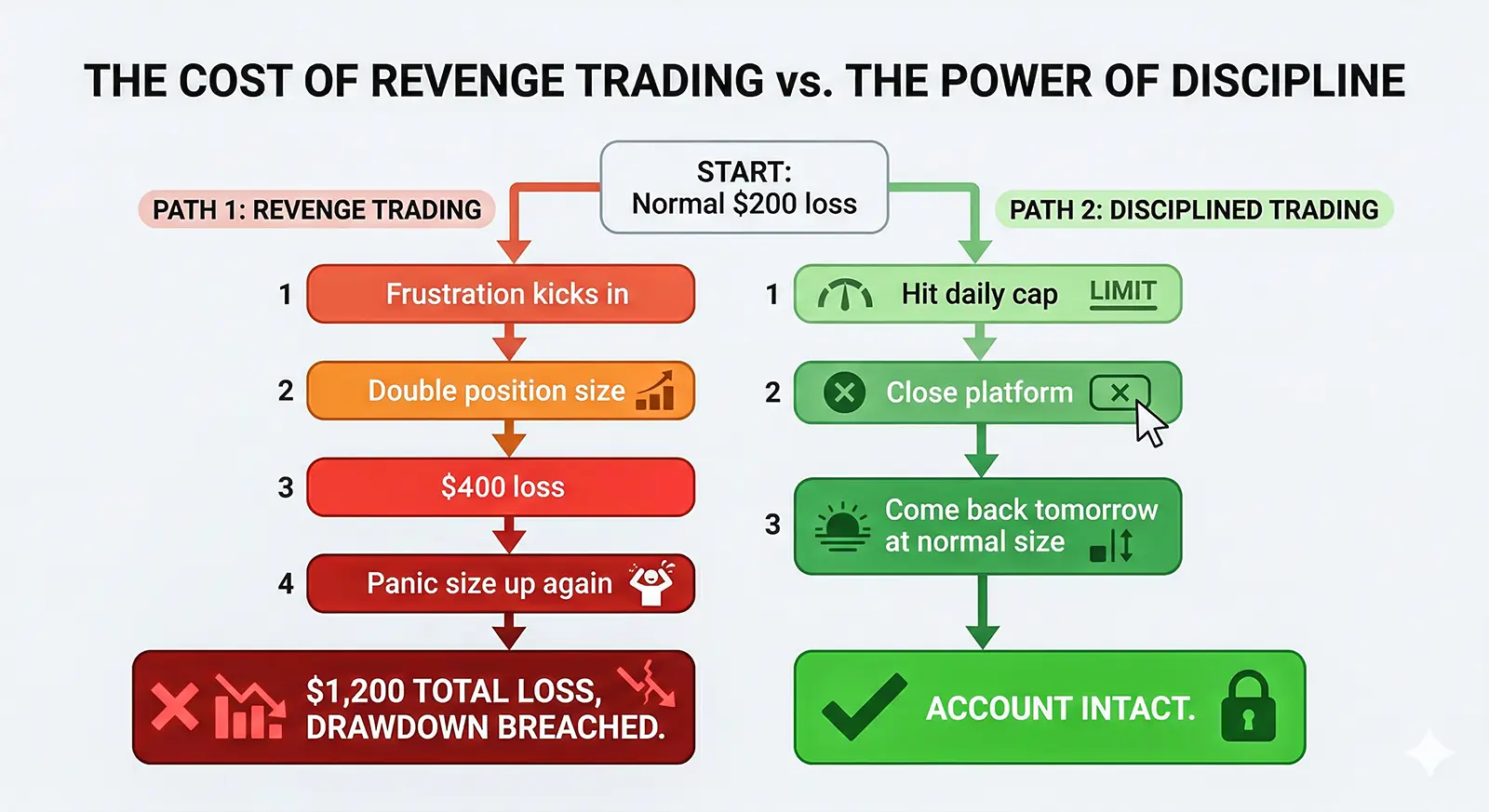 revenge trading explained in a chart and compared to disciplined trading