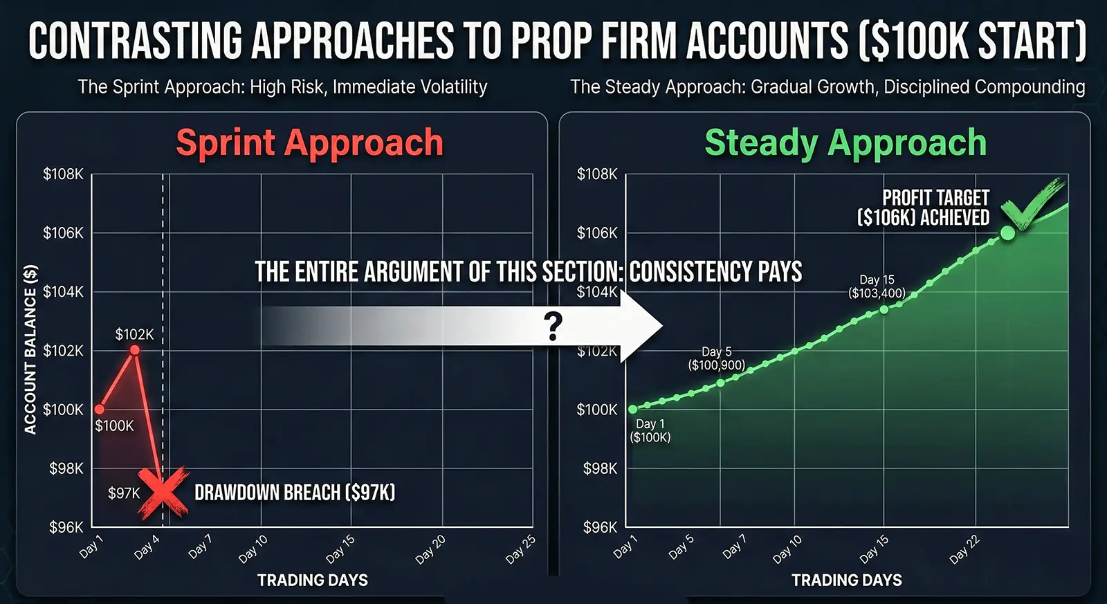 traders psychology - comparison of spring and crash approach vs steady and slow but consistent