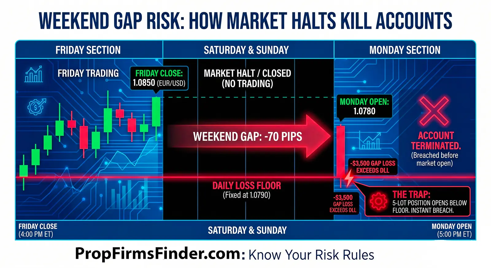 prop firm weekend holding risks: weekend gap risk explained in a visual dashboard